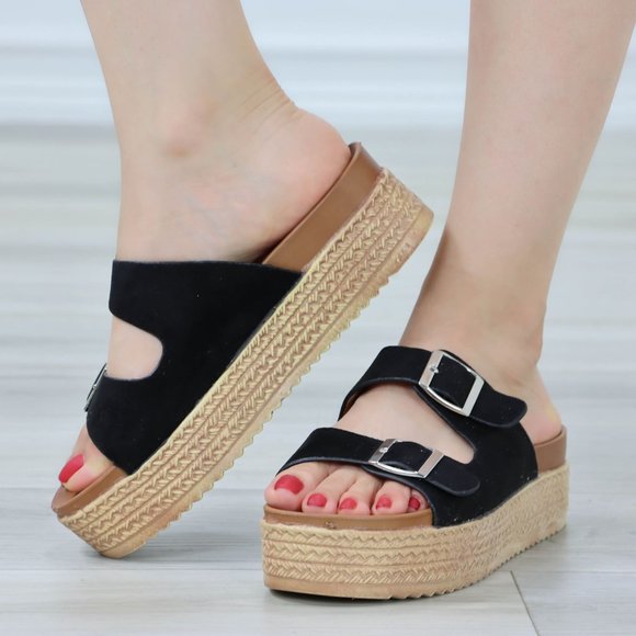 Suede Black Double Straps Comfort Platform Sandal Slip On Sliders - Picture 9 of 12